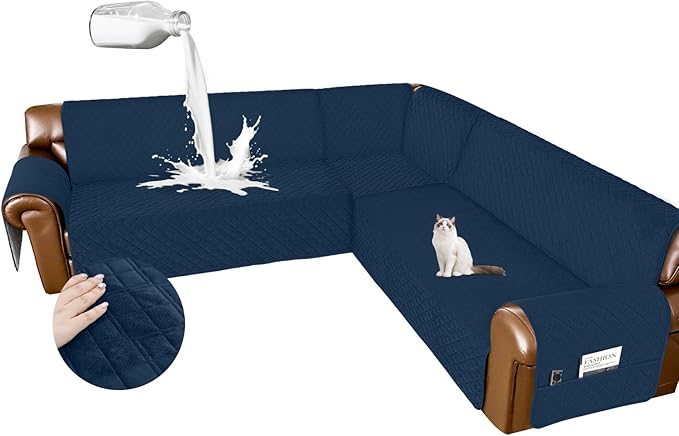 Arfntevss Waterproof Sectional Couch Covers L Shape Washable Velvet Sofa Cover for Sectional Non Slip Large Corner Slipcovers Dog 6 Pcs Universal U Shaped Furniture Protector (Dark Blue, Large) by Arfntevss