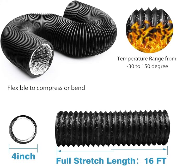 4 Inch 16FT Air Duct, Non-Insulated Flexible Aluminum Dryer Vent Hose for HVAC Ventilation，Fan Filter and Grow Tent, 2 Clamps Include - Image 2
