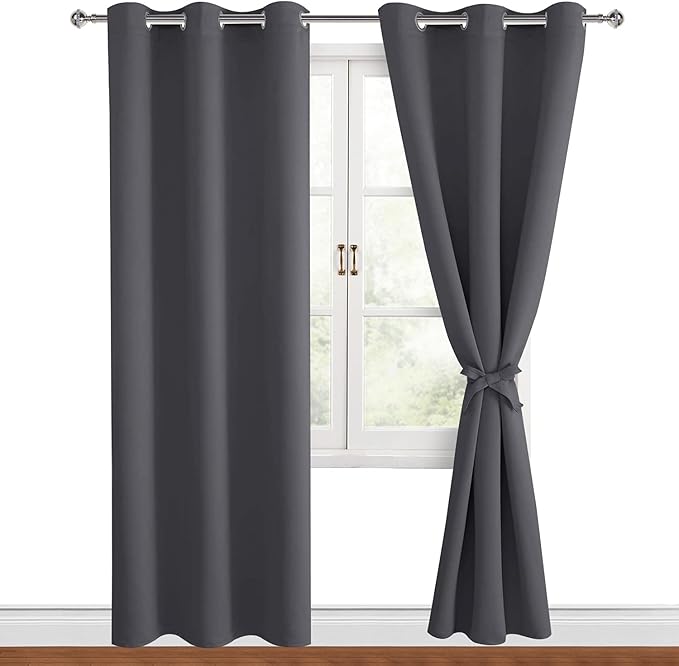 Hiasan Grommet Blackout Curtains for Bedroom, 38 x 84 Inches Long - Thermal Insulated & Light Blocking Window Curtains for Living Room, 2 Drape Panels Sewn with Tiebacks, Dark Grey by Hiasan