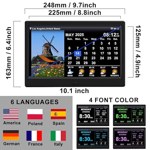 2025 New Digital Clock with Temperature/Humidity & Weather Forecast, Auto Time Sync Large Display, Custom Alarms & Medication Reminders, Ideal for Elderly(Black, 10.1-Inch) - Image 3