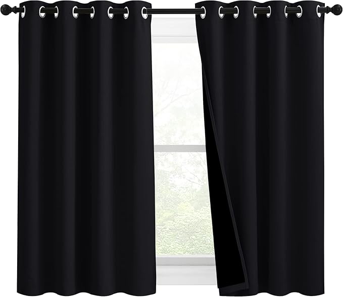 NICETOWN Extra Long Truly Blackout Drapes for Hall and Villa, 46-inch Width Each Panel, 45-inch Length, Black, 2 Pieces, 100% Blackout Window Curtain Panels with Black Lined for Night Shift Worker by NICETOWN