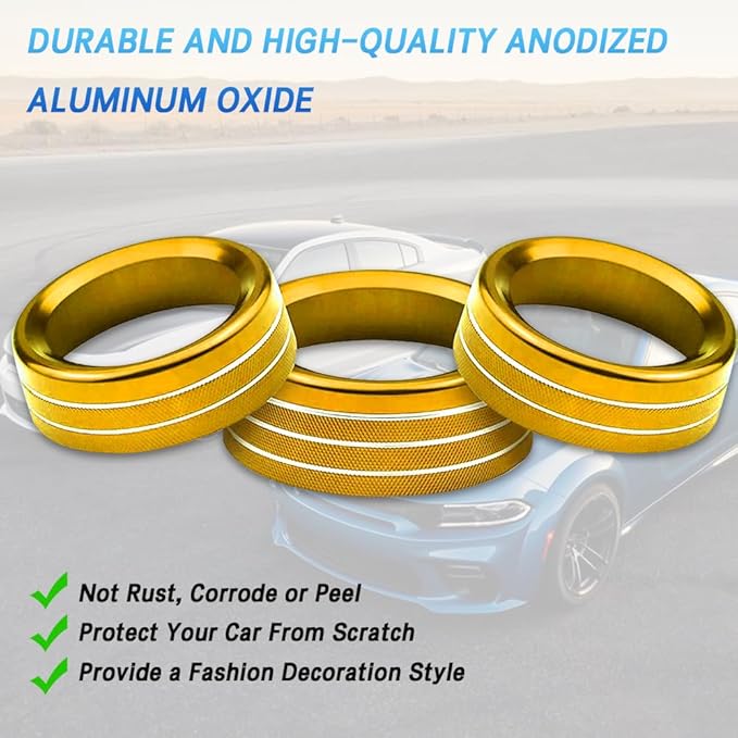 3PCS Air Conditioner Switch Button Knob Cover, Auto Accessories Climate Control Knob Covers, Aluminum Alloy Knob Ring Trim Cover Compatible with Dodge Challenger Durango 2015-2022 (Gold) - Image 7