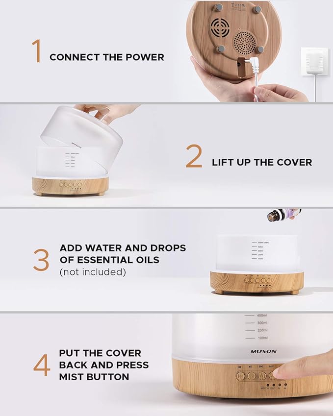 muson Essential Oil Diffuser Sound Machine Combo Diffuser for Aromatherapy Fragrant Oil Cool Mist Humidifier with Natural Sound Music & Warm Night Light, Auto Shutoff, White - Image 7