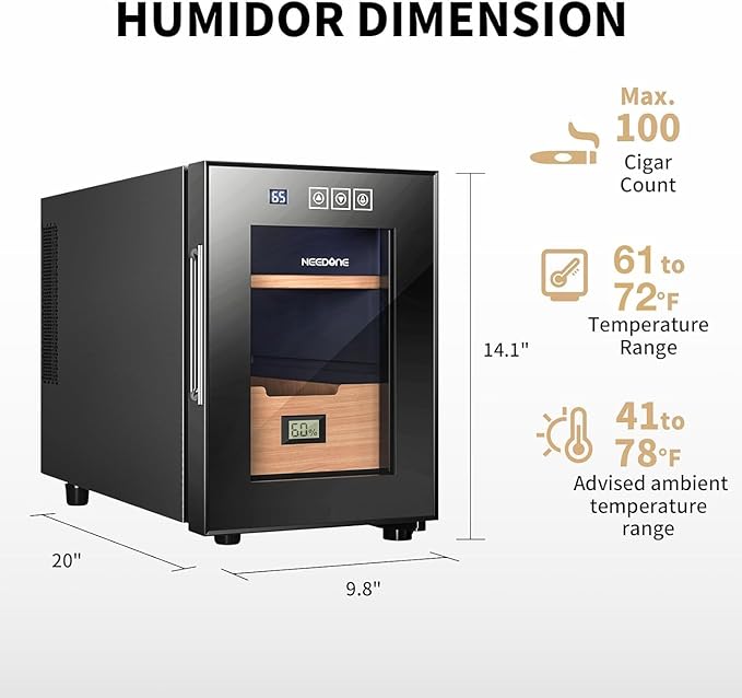 NEEDONE Humidor 16L with Cooling and Heating Temperature Control System, Electric Cabinet for 100 Counts with Digital Hygrometer, Made with Spanish Cedar Wood, Gift for Men, 2 Layers - Image 9