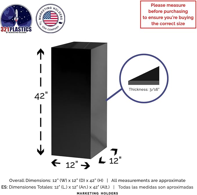 Acrylic Display Riser Box Pedestal No Lid Flower Tower Art Sculpture Tall Pillar Stand Display 12" x 12" x 42" Glossy Black by Marketing Holders - Image 6