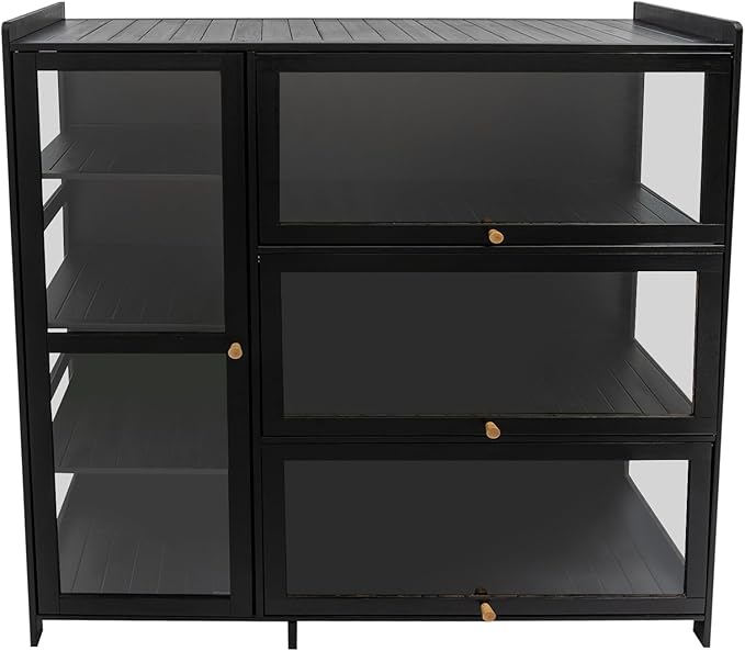 Display Cabinet with Acrylic Doors, 7 Storage Spaces Storage Cabinet & Curio Cabinet with Clear Acrylic Doors, Modern Black Bamboo & Composite Wood for Collectibles, Kitchen, Living Room - Image 8
