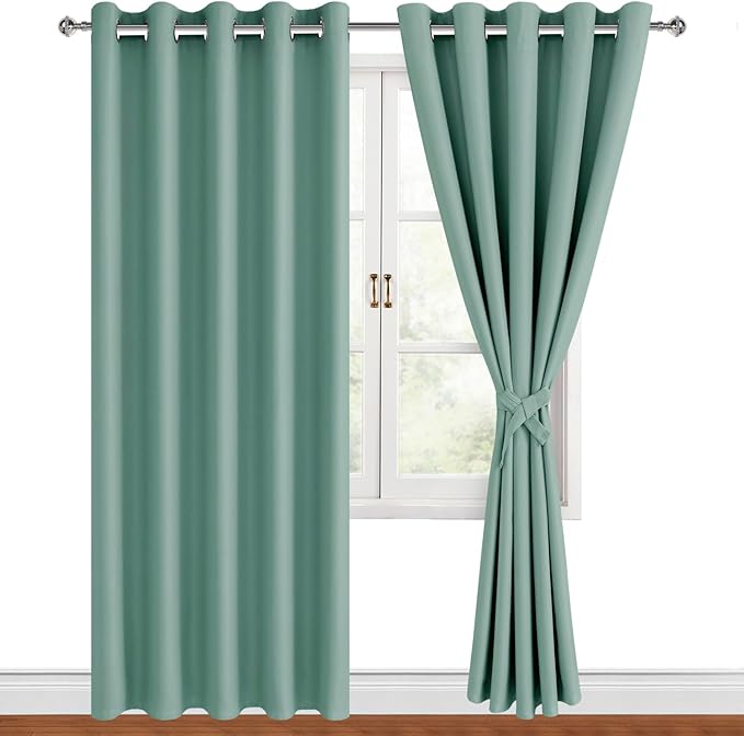 Hiasan Blackout Curtains for Bedroom, 60 x 84 Inches Long - Thermal Insulated & Noise reducing Window Curtains for Living Room, 2 Drape Panels Sewn with Tiebacks, Sage Green by Hiasan