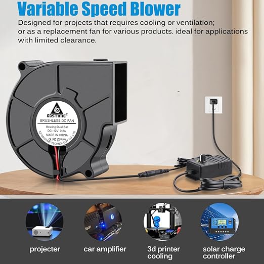 GDSTIME 75mm x 30mm Blower Fan 12V with Variable Speed Controller 110V to 240V AC Powered for 3D Printer Cooling - Image 2