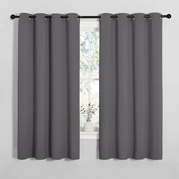 NICETOWN Grey Blackout Curtain Panels for Bedroom, 2 Panels, W55 x L57-inch, Grey, Thermal Insulated Grommet Top Blackout Draperies and Drapes for Basement by NICETOWN