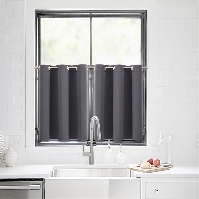ChrisDowa Small Window Curtains for Kitchen and Bedroom - Grommet Short Thermal Insulated Room Darkening Curtains (2 Panels, Dark Grey, 52 x 36 Inch) - Image 2