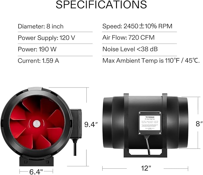 VIVOSUN R8 8 Inch 720 CFM Inline Duct Ventilation Fan with Variable Speed Controller for Grow Tent - Image 7