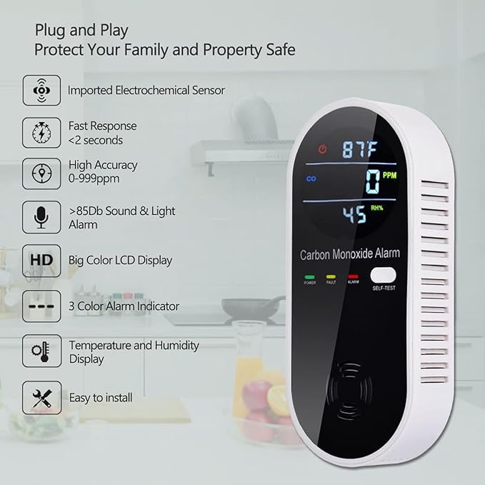 3-in-1 Carbon Monoxide Detectors Plug in Wall, Portable Carbon Monoxide Detector for Travel, CO Gas Meter Temperature Humidity Sensor Built-in with LCD Display Voice Light Warning - Image 5