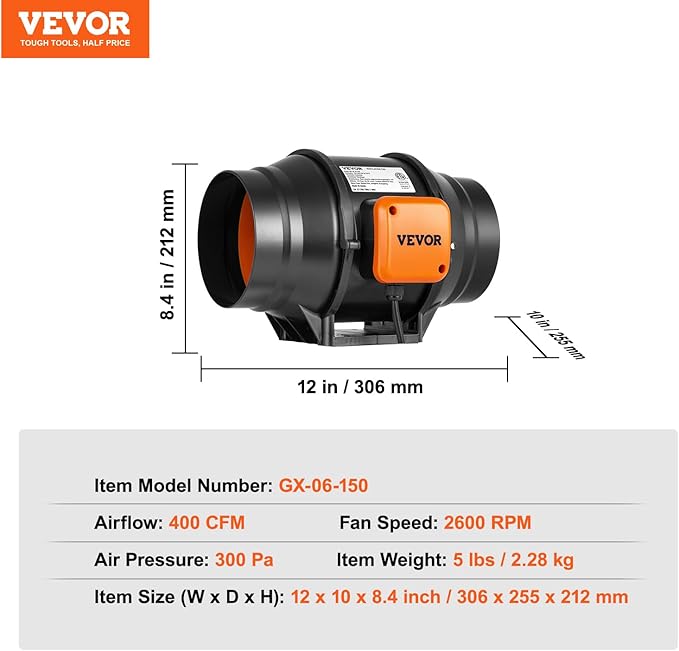 VEVOR Inline Duct Fan, 6-Inch 400 CFM with Variable Speed Controller, Quiet AC-Motor Ventilation Exhaust Fan for Cooling Booster, Grow Tents, Hydroponics - Image 7