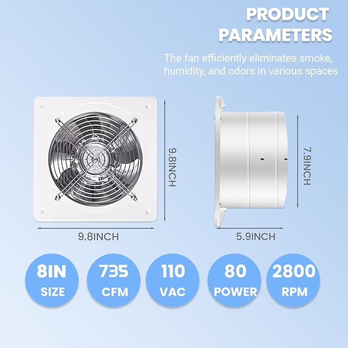 8 inch Exhaust Fan, 735CFM Wall Mounted Vent Fans, Ventilation Blower for Ceiling Bathroom Attic Window Basement Ventilation Fan, 110V 80W - Image 3
