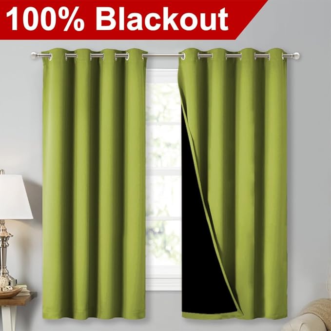 NICETOWN 100% Blackout Curtains 54 inches Long, Fresh Green, 1 Pair, 52 inches Width Each Panel, Double-Deck Completely Blackout Window Treatment Thermal Insulated Lined Drapes for Small Window - Image 2