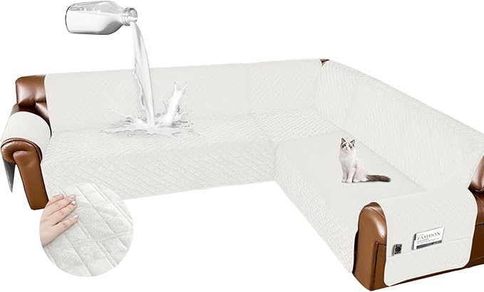 Arfntevss Waterproof Sectional Couch Covers L Shape Washable Velvet Sofa Cover for Sectional Non Slip Large Corner Slipcovers Dog 6 Pcs Universal U Shaped Furniture Protector (Cream White, X-Large) by Arfntevss