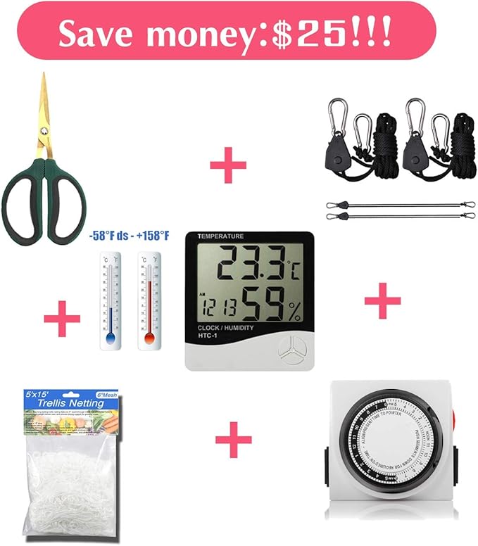 Hydroponic 24"X24"X48" Indoor Grow Tent Kit W/Analog Timer+Humidity Monitor+Bonsai Shear+5'X15' Net Treill+Grow Light Hangers for Indoor Plant Growing (24"X24"X48") - Image 7