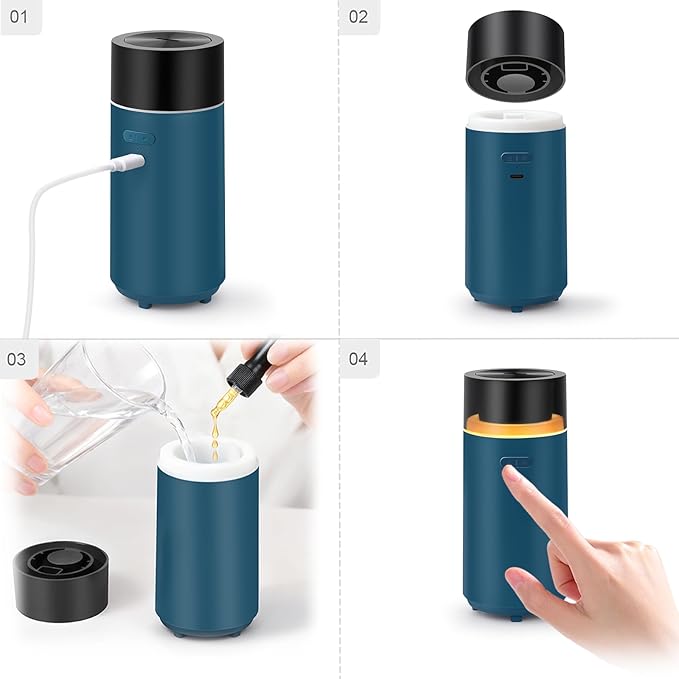 HODEMI Portable Smart Essential Oil Diffuser,Cold Mist Car Air Freshener Aromatherapy Diffuser with 10 LED Lights,Built-in Battery,Auto On/Off,4/8 Timer Modes,for Home Office and Travel (Blue) - Image 8