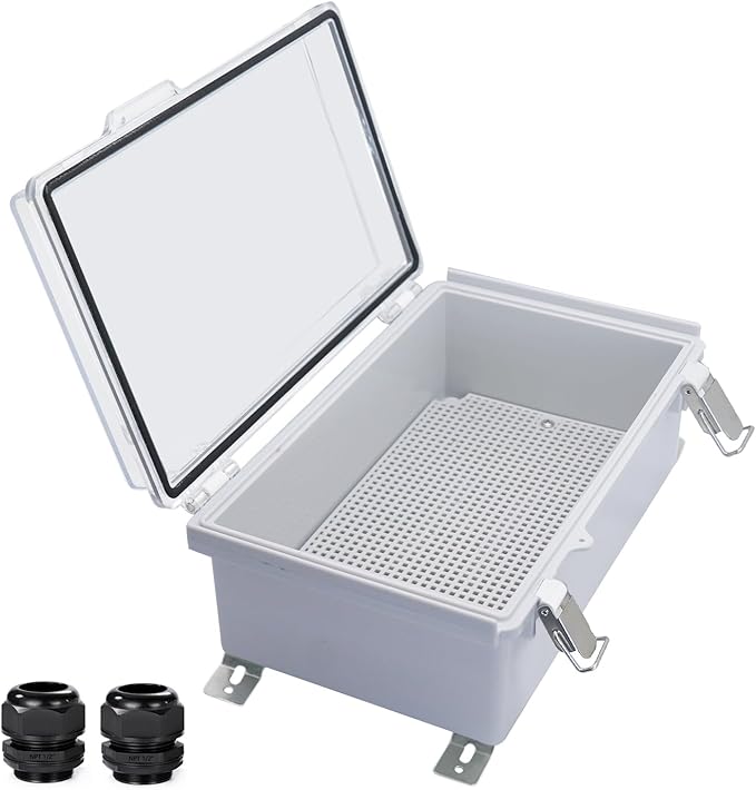 Waterproof Outdoor Electrical Box Junction Box Weatherproof IP67 ABS Plastic Enclosure Switch Router Project Box with Mounting Plate with Wall Bracket 2 Cable Glands Clear 10.23" x 6.3" x 3.94" by YETLEBOX