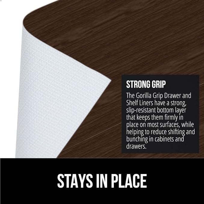 GORILLA GRIP DripGuard Shelf Liner, Non-Adhesive Drawer and Kitchen Cabinet Protector, Strong Grip Slip Resistant Underside, Smooth Surface Liners for Cabinets, Bathrooms, Closets, 17.5x120 Inch, Wood - Image 3