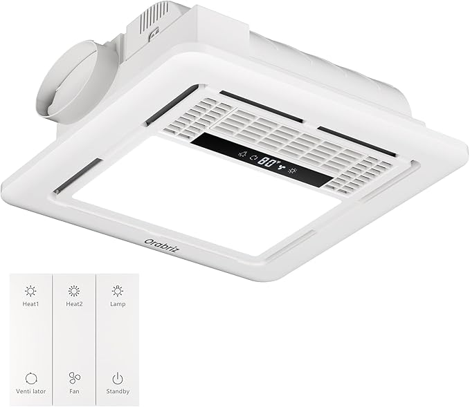 4-in-1 Bathroom Exhaust Fan with Dual-Mode Heater and LED Light, 110 CFM Quiet Ceiling Vent Fan, 1300W Heating Power, 1.0 Sone Ultra Silent Bath Fan with Light, Ventilation, and Remote Control by Orabriz