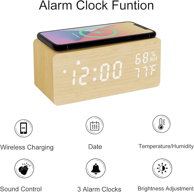 Lancoon Wooden Digital Alarm Clock with Sound Control LED Wireless Charging Temperature and Humidity Display Adjustable Brightness for Bedroom Home Office (Yellow) - Image 3
