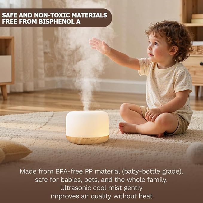 500ml Premium Essential Oil Diffuser,Quiet 4-in-1 Ultrasonic Aromatherapy Humidifier,7 Color LED Lights,with Adjustable Automatic Timer Off Function and Spray Mode. (Yellow Woodgrain,Mini Model) - Image 6