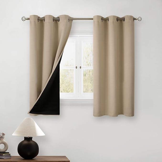 BGment Short 100% Blackout Curtains for Bedroom, Thermal Insulated Energy Efficiency Noise Reducing Grommet Curtains 45 Inch Length with Liner for Small Window 2 Panels Each 42 Inch Wide, Sand by BGment