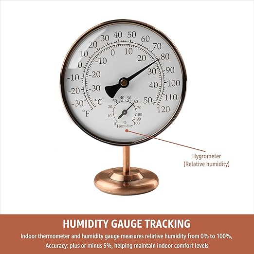 4-Inch Indoor Thermometer and Humidity Gauge, Room Analog Temperature and Humidity Monitor, Dual Scale Display, Brass Dial with Stand, Battery-Free for House, Home, Desk, Bedroom, Garage, RV - Image 4