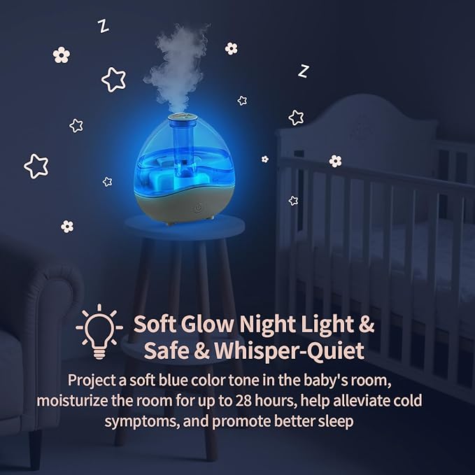 1.5L Cool Mist Humidifier for Bedroom with 360° Adjustable Nozzle, Quiet Ultrasonic Air Humidifier For Babies Nursery, Office, Indoor Plants, Auto-Shut Off,Light-Off,High and Low Mist Levels - Image 2