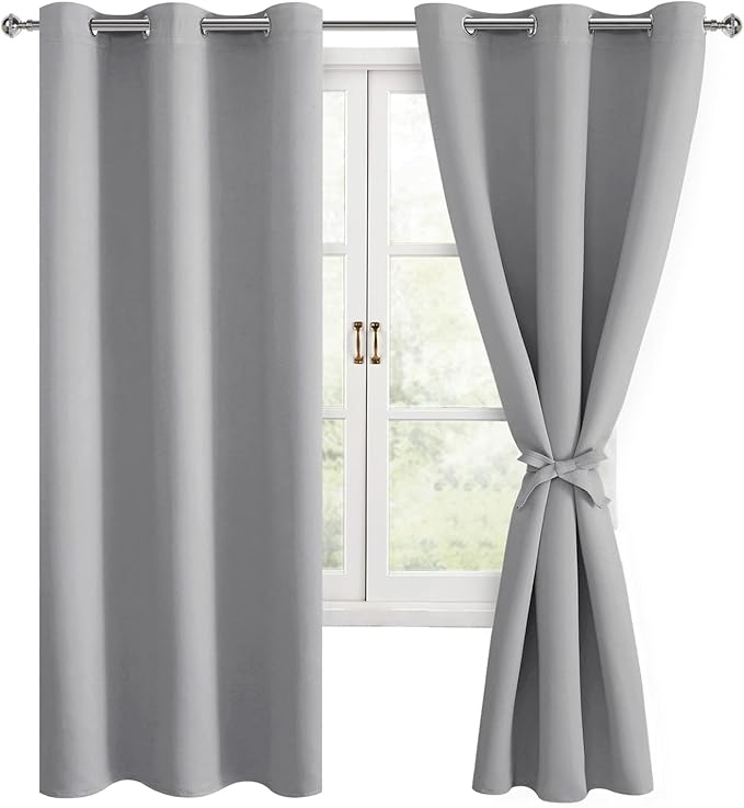 Hiasan Blackout Curtains for Bedroom, 42 x 63 Inches Length - Thermal Insulated & Light Blocking Window Curtains for Living Room, 2 Drape Panels Sewn with Tiebacks, Silver Grey by Hiasan