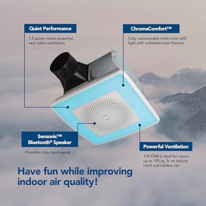 Broan-NuTone ChromaComfort Bathroom Exhaust Fan with Bluetooth Speaker, Powerful 110CFM/1.5 Sones, 24-color LED Light, SPK110RGBL, Wall Switch - Image 2