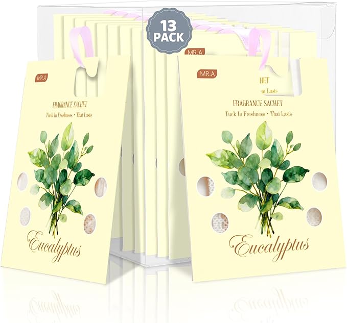 MR.A 13 Packs Eucalyptus Scented Sachets, Fragrance Sachet Bags for Drawers and Closets, Air Fresheners for Car and Home, Closet Deodorizer Scented Drawer Fresheners for Dresser with Hanger Hooks by MR.A