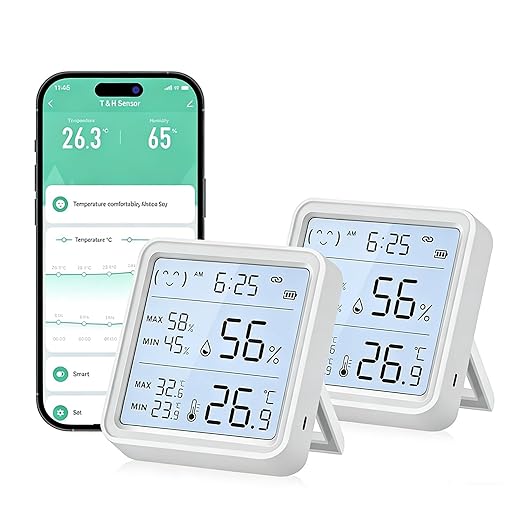 eMylo WiFi Thermometer Hygrometer 2 Pack, Wireless Indoor Humidity Monitor for Room, Smart Digital Temperature Sensor with App Alert, Large LCD Display with Backlight, Free Data Storage Export by eMylo