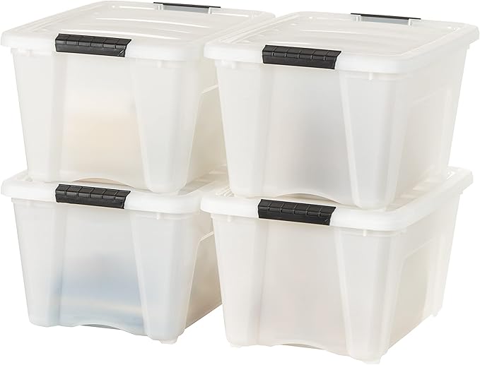 IRIS USA 32 Qt Stackable Plastic Storage Bins with Lids, 4 Pack - BPA-Free, Made in USA - Discreet Organizing Solution, Latches, Durable Nestable Containers, Secure Pull Handle - Pearl by IRISUSA