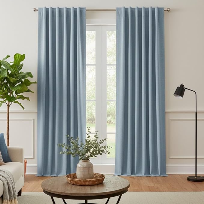 RYB HOME Linen Texture Curtains for Bedroom, 100% Blackout Thermal Insulated Curtains, Rod Pocket&Back Tab Room Darkening Drapes Luxury Decor for Living Room Nursery, W52xL96, 2 Panels, Smoky Blue - Image 2