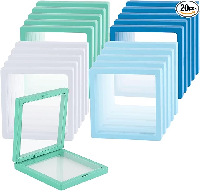 20 Pcs 3D Floating Display Case 4.3x4.3x0.8inch, Challenge Coin Display,Transparent PE Jewelry Storage Box,Floating Display Holder Stands for Antique Challenge Coins Medallion Stamps(Blue Green White) by Unknown