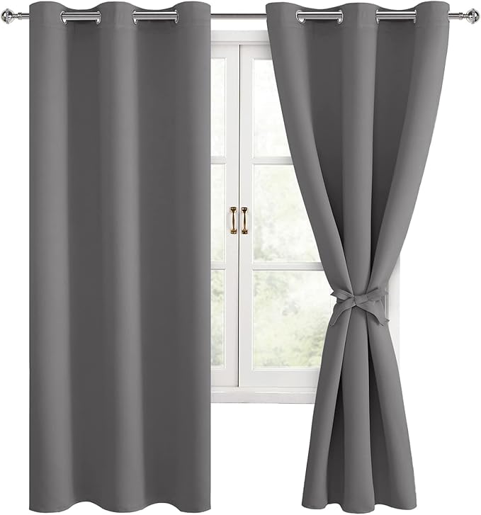 Hiasan Blackout Curtains for Bedroom, 42 x 63 Inches Length - Thermal Insulated & Light Blocking Window Curtains for Living Room, 2 Drape Panels Sewn with Tiebacks, Light Grey by Hiasan