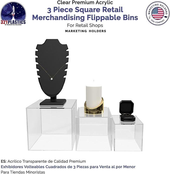 2 Pack Acrylic Display Riser Boxes 3 Piece Clear Retail Product Riser 4", 5", 6" High Nesting Bins One Open Side No Lid Merchandise Storage Box by Marketing Holders - Image 3