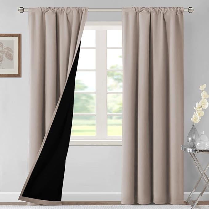 H.VERSAILTEX 100% Blackout Curtains for Bedroom 42 Inches Wide Thermal Insulated Blackout Curtains 84 Inches Long Rod Pocket Curtains for Living Room with Black Liner 2 Panels Set, Natural Sand by HVERSAILTEX