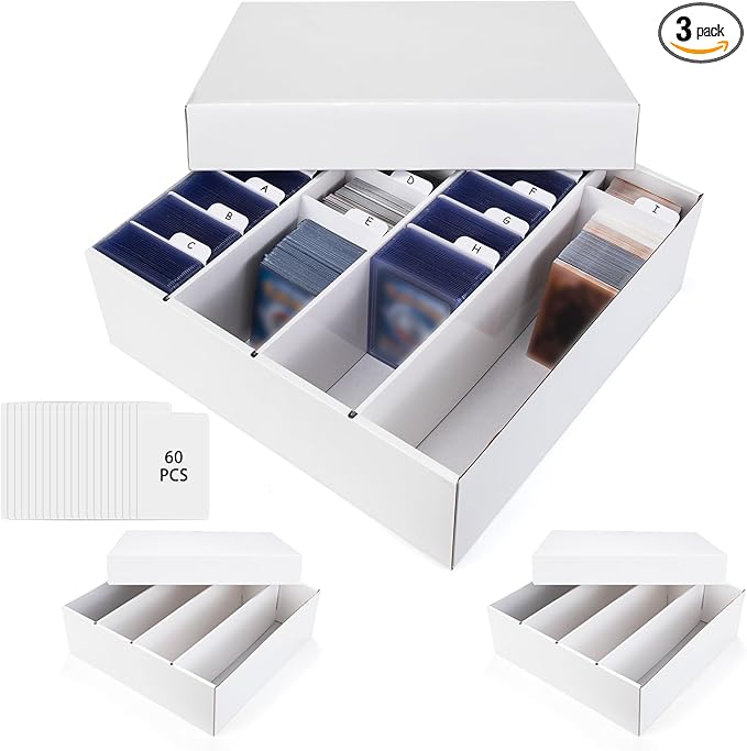 Trading Card Storage Box, 4 Row 3200 Count Collector Cards Box with Divider, White Corrugated Cardboard Compatible with Top Loader Organizer Sorting Tray Box for Sports Cards, MTG, TCG Cards (3-Pack) by XRACV