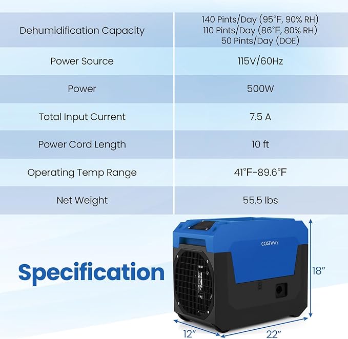 COSTWAY 140 Pints Commercial Dehumidifier with Pump, Portable Industrial Dehumidifier with Drain Hose for Basements, Job Sites, Water Damage Restoration (Blue) - Image 8