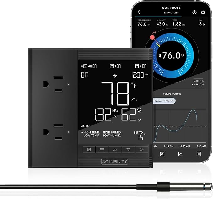 AC Infinity Controller 75 PRO, WiFi Outlet Controller, Independent Programs for Two Devices, Desktop Digital Thermostat with Temperature, Humidity, VPD, & Timer Controls, for Seed Starting Heat Mats by ACInfinity