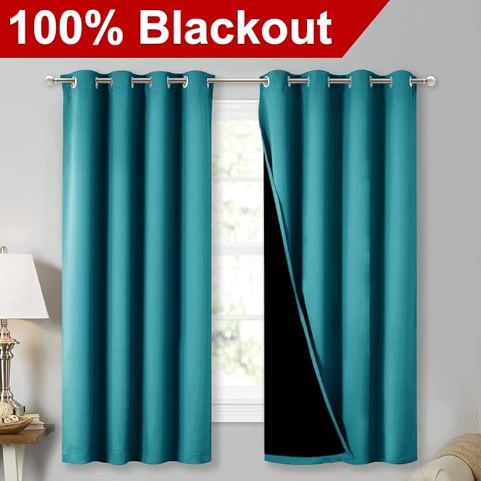 NICETOWN Extra Long Truly Blackout Drapes for Hall and Villa, 46" Width Each Panel, 45" Length, Peacock Teal, 2 Pieces, 100% Blackout Window Curtain Panels with Black Lined for Night Shift Worker - Image 2