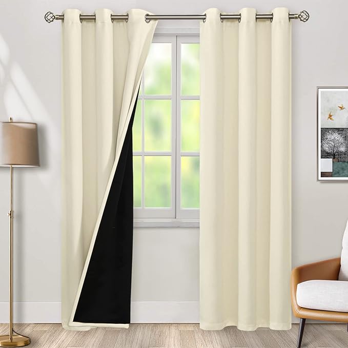 BGment Cream 100% Blackout Curtains for Bedroom 84 Inch Length 2 Panels Set, Thermal Insulated Full Light Blocking Grommet Noise Cancelling Window Curtains&Drapes with Black Liner, 42 Inch Wide Each by BGment