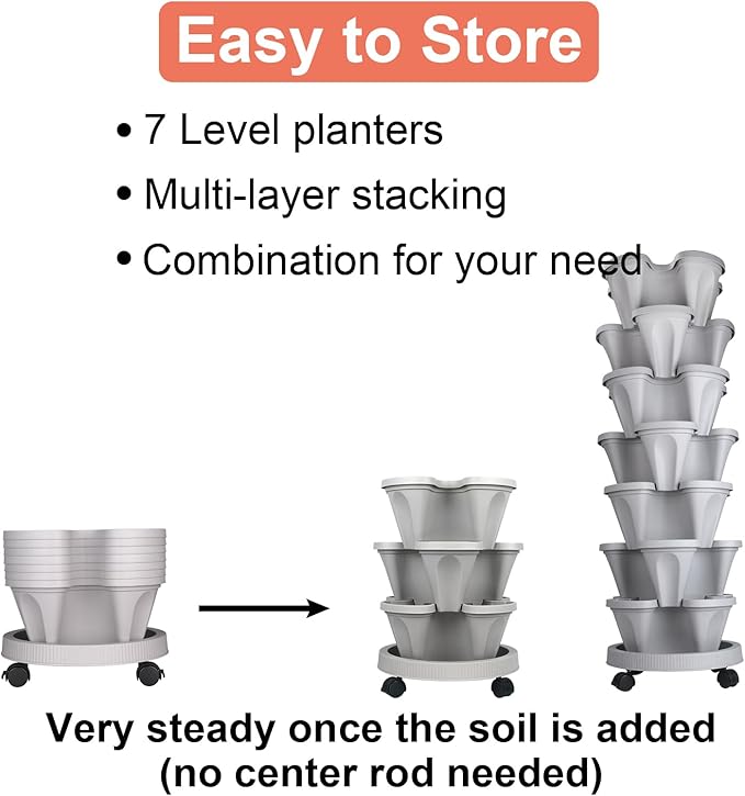 GameXcel Vertical Planter 7 Tier Stackable Planters Garden Planters Strawberry Herb Flower and Vegetable Planter Indoor Outdoor Gardening Pots with Removable Wheels and Tools - Image 7