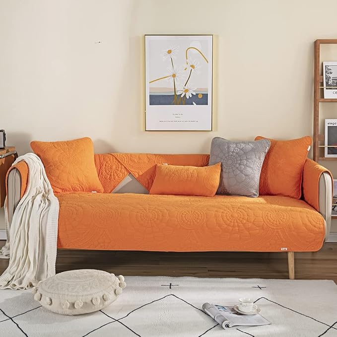 vctops Boho Circle Embroidery Couch Sofa Cover Solid Color Cotton Quilted Non-Slip Sectional Couch Covers Sofa Slipcover for Dogs, Children, Pets Furniture Protector (Orange,36"x47") - Image 2