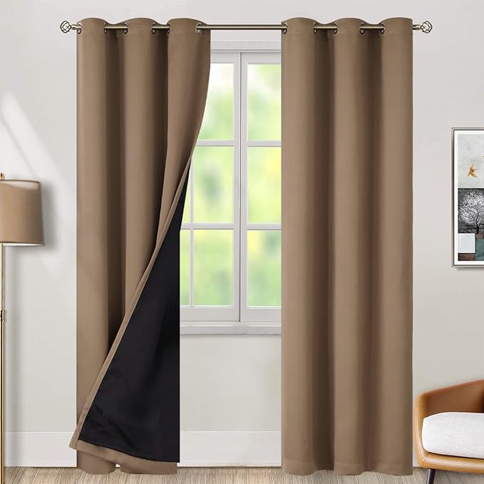 BGment Total Thermal Insulated 100% Blackout Curtains for Bedroom with Black Liner, Double Layer Full Room Darkening Noise Reducing Grommet Curtain (42 x 84 Inch, Taupe, 2 Panels) by BGment