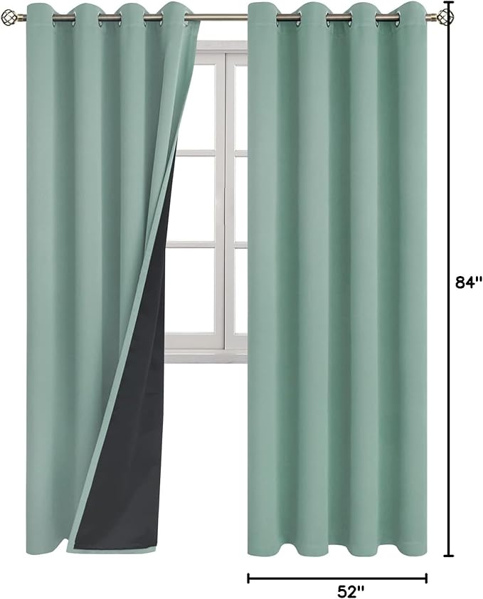 BGment Thermal Insulated 100% Blackout Curtains for Bedroom with Black Liner, Double Layer Full Room Darkening Noise Reducing Grommet Curtain (52 x 84 Inch, Frosty Green, 2 Panels) - Image 9