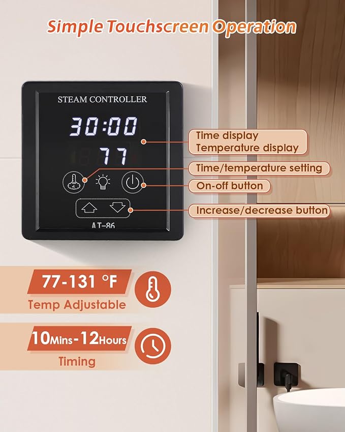 Steam Shower Generator Kit 10.5KW for Bath Sauna SPA, Self-draining System, Aromatherapy Steam Head, LED Touchscreen Controller, 12-Hour Timer 77-131℉ For Home Commercial Use - Image 3
